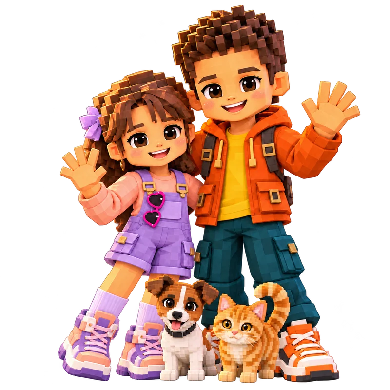 A dupla de exploradores com seu Jack Russell e seu gato amarelo.