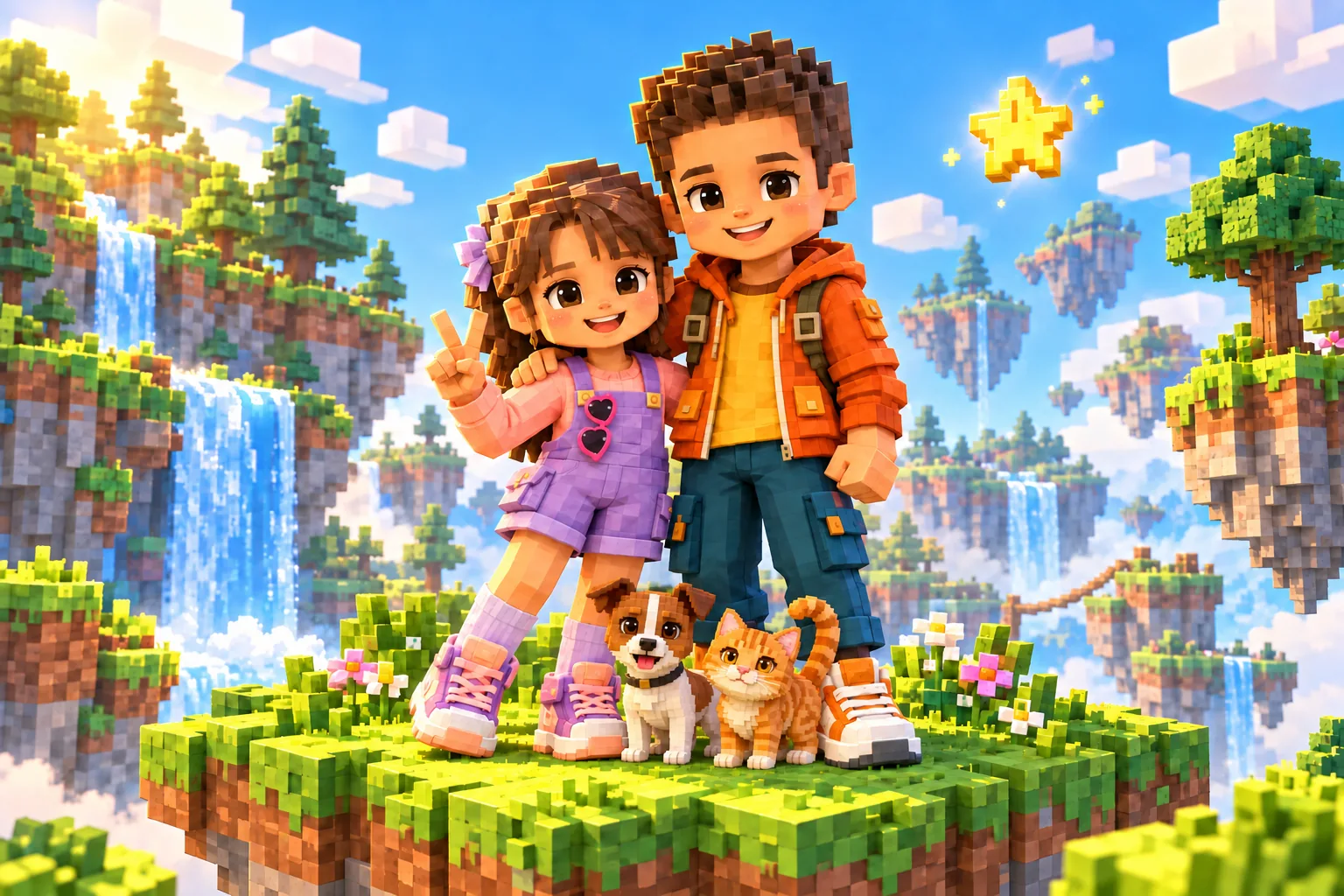 Samuel e sua irmã como exploradores de blocos, com um Jack Russell e um gato amarelo em uma ilha flutuante.